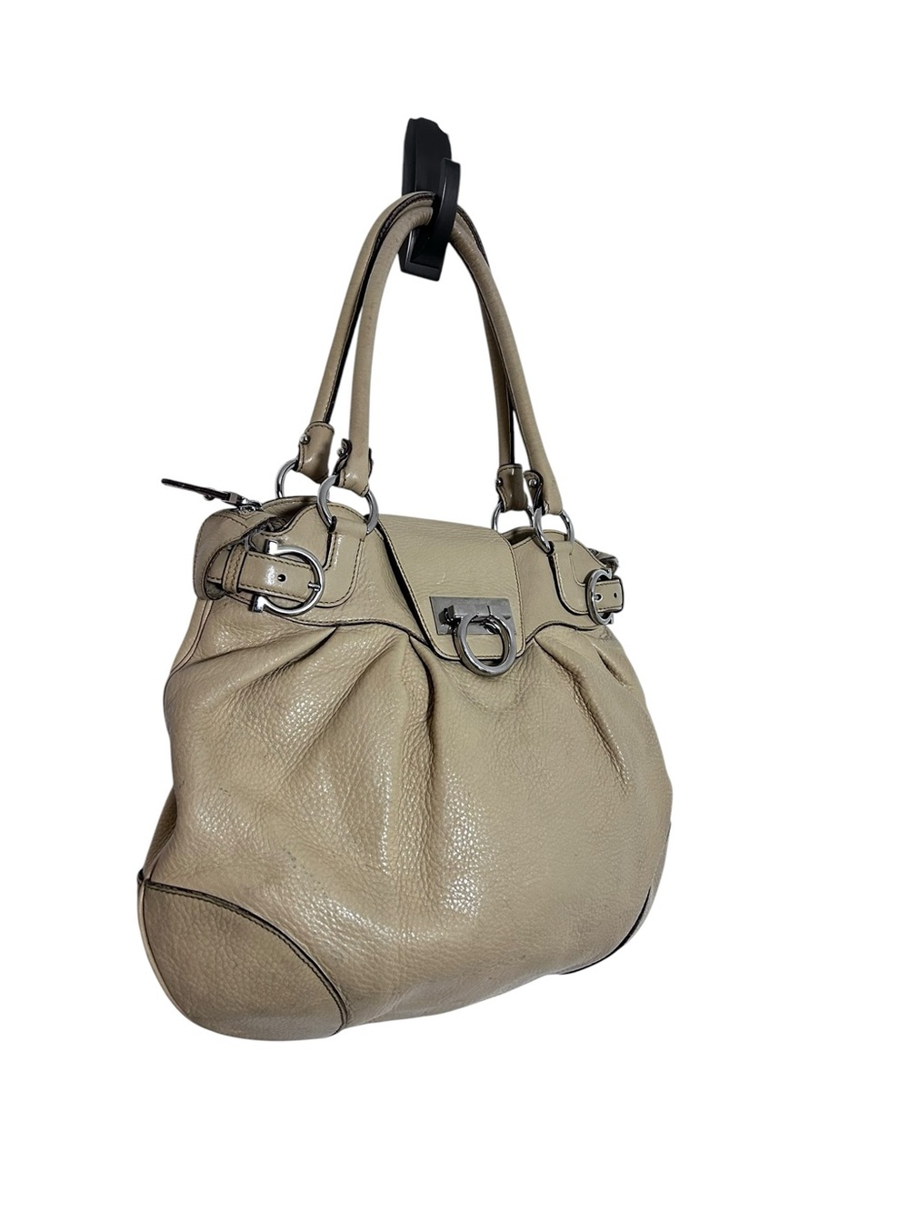 Salvatore Ferragamo Gancini Pebbled Leather Satchel Bag Manila Beige Yellow Ital